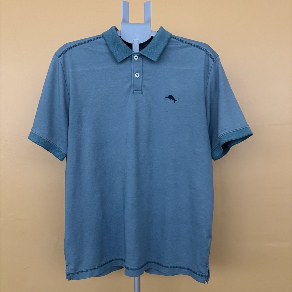 Tommy Bahamas Men's Large Golf Solid blue Polo Shirt - Teal with Contrast Collar